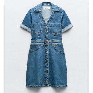 Zara Blue Mini Dress with Notched Collar and Cuffed Sleeves